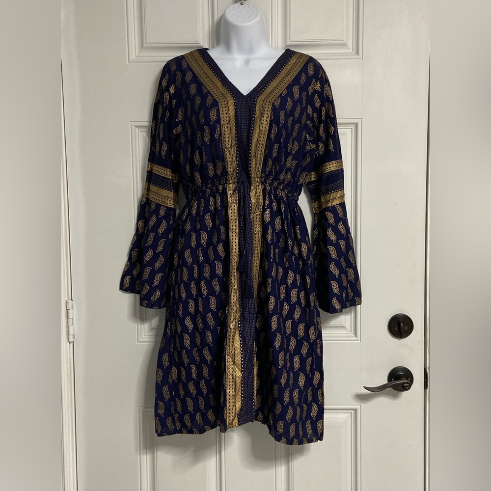 Navy and Gold Midi Dress with Drawstring Waist